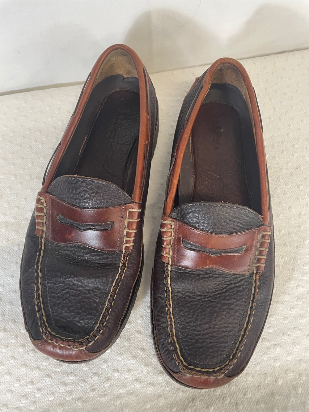 L.L. Bean Two-Tone Brown & Cognac pebbled Leather Penny Loafers - M10.5